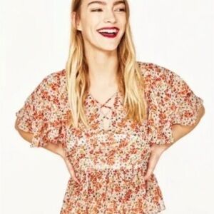 Floral Lace-Up Ruffle Sleeve Top - Orange Floral